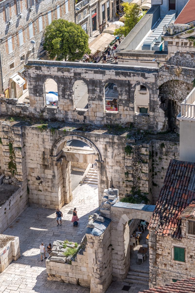 Aerial view of the Silver Gate in Diocletian's Palace, Split, Croatia, showcasing its ancient architecture.